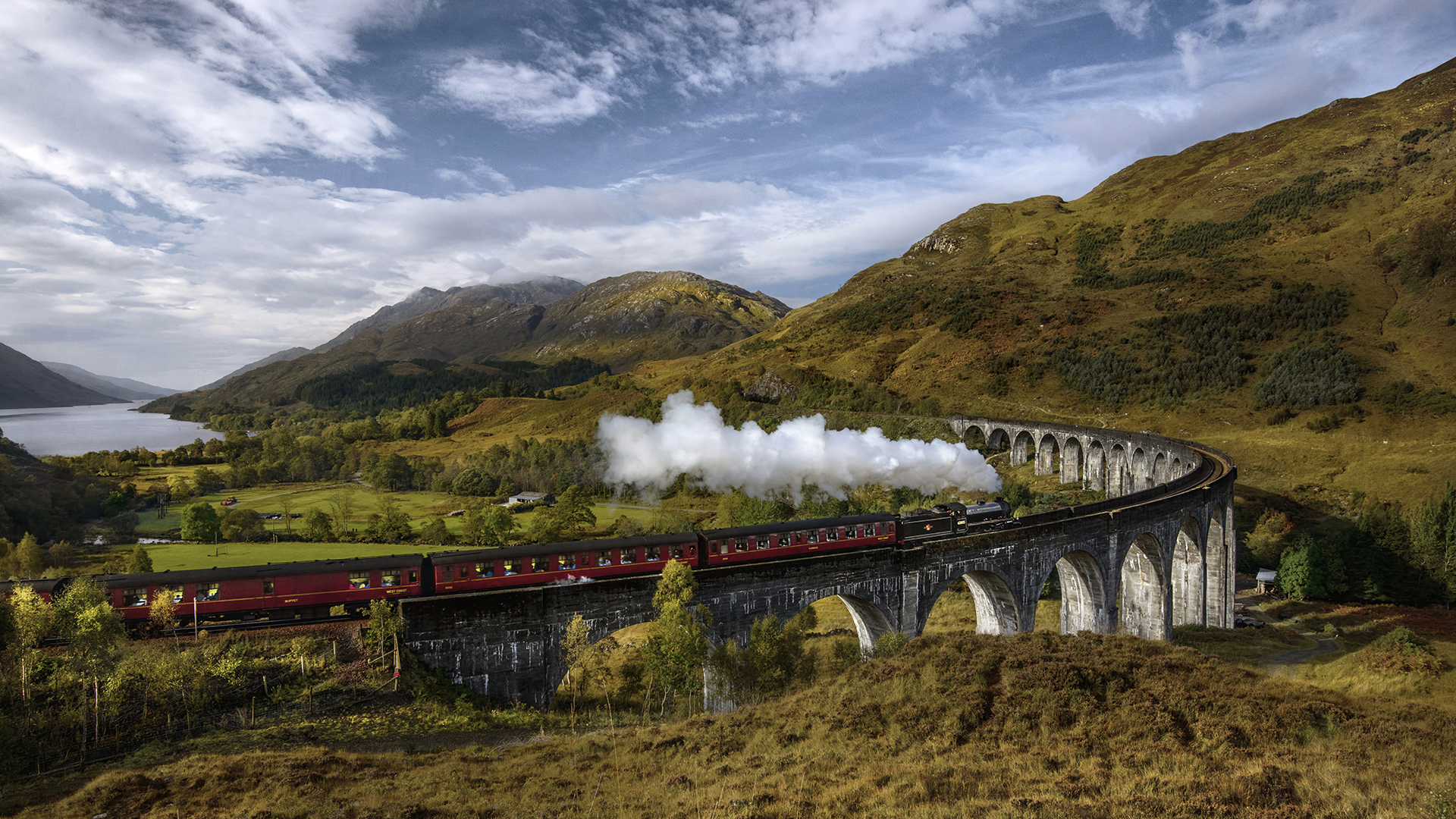 United Kingdom, Scotland, Highland, Glenfinnan, A830, Glenfinnan Viaduct, Steam train passing viaduct